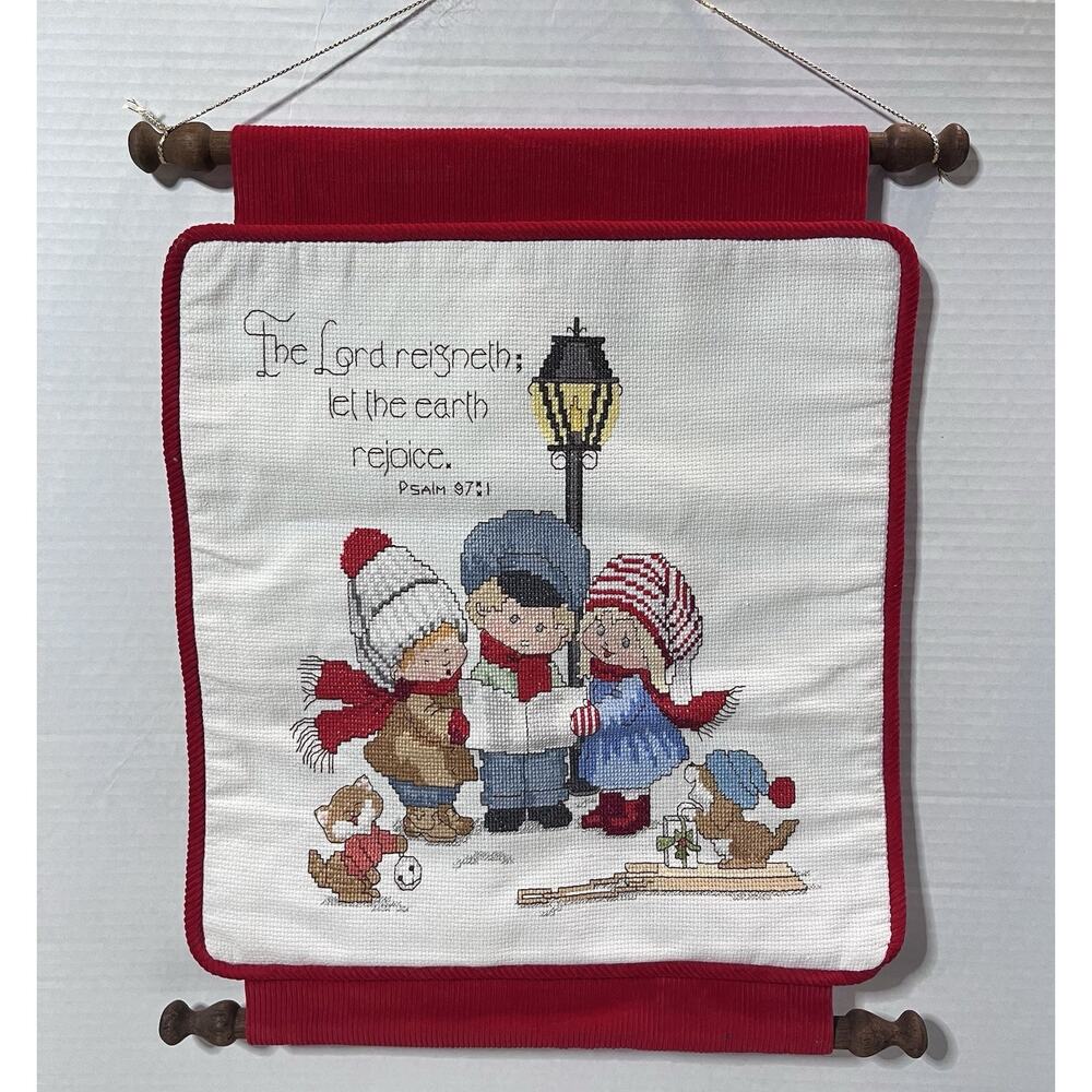 VTG Bucilla Christmas Needlework The Lord Reigneth Psalm 97:1 Panel FINISHED